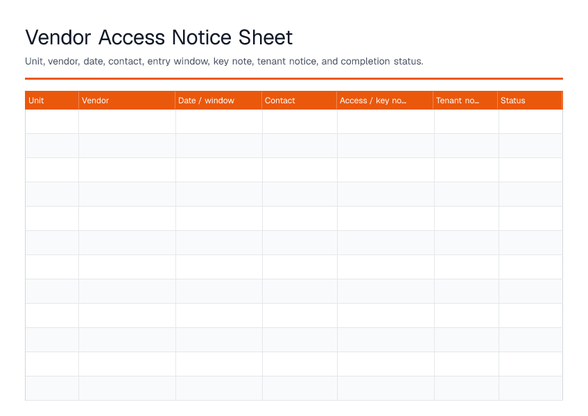 Vendor Access Notice Sheet — printable PDF preview