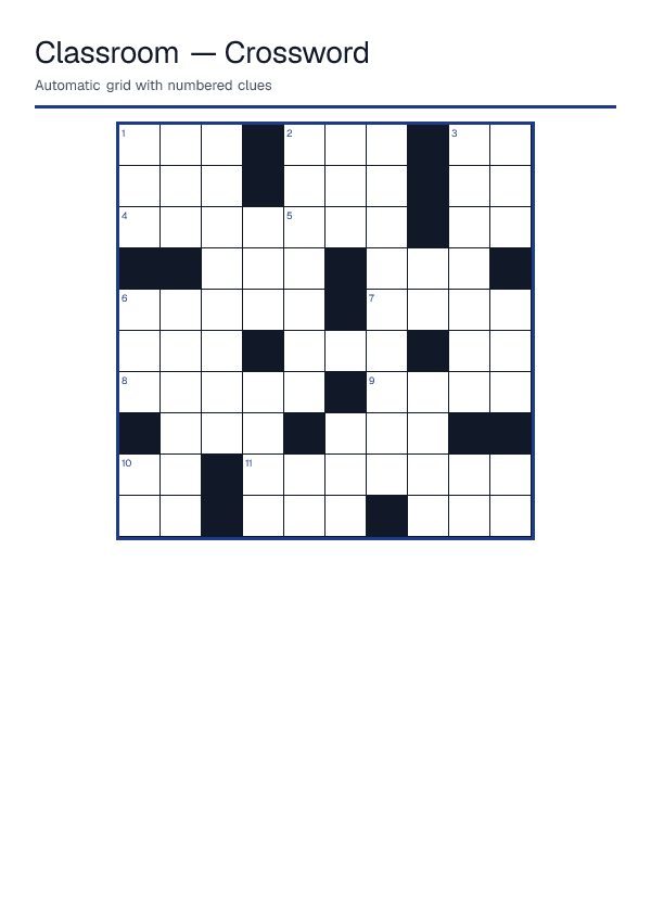 Classroom — Crossword — printable PDF preview