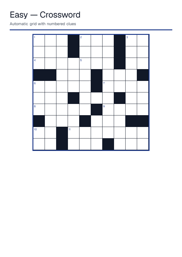 Easy — Crossword — printable PDF preview