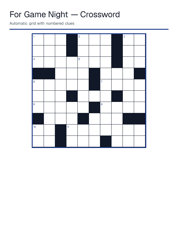 For Game Night — Crossword — printable PDF preview