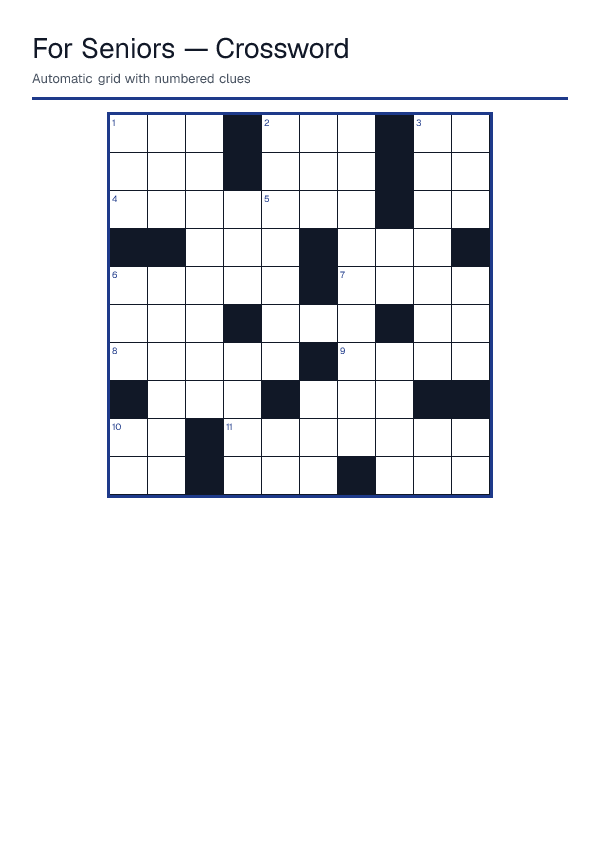 For Seniors — Crossword — printable PDF preview