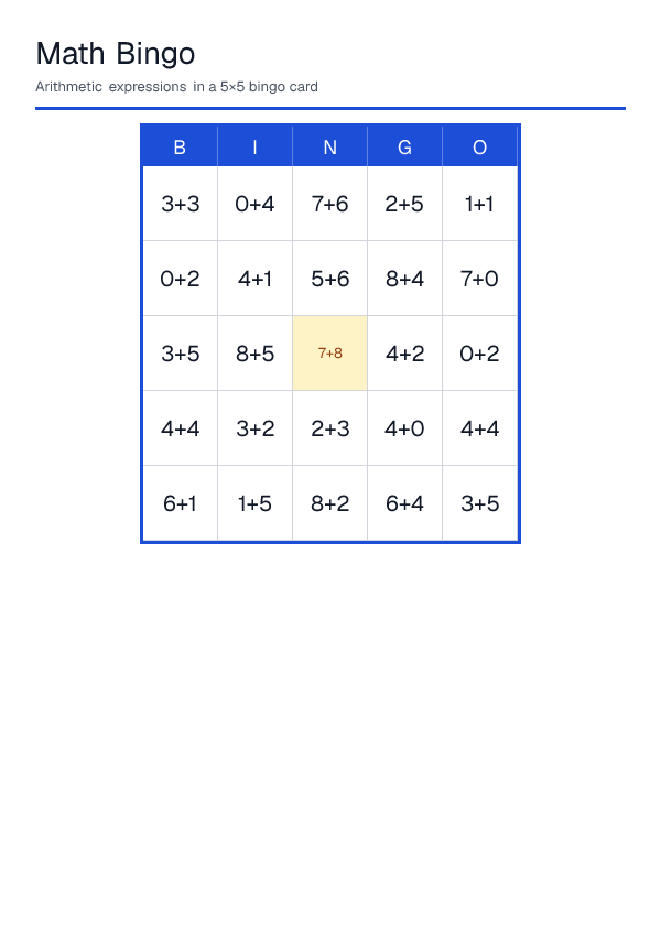 Math Bingo — printable PDF preview