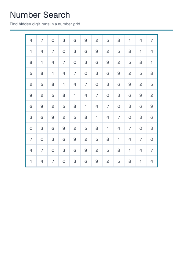Number Search — printable PDF preview