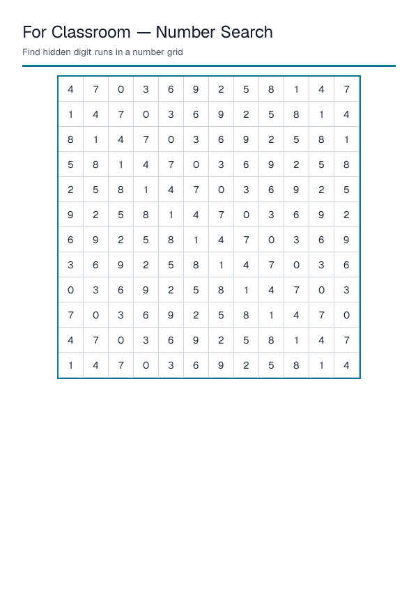 For Classroom — Number Search — printable PDF preview