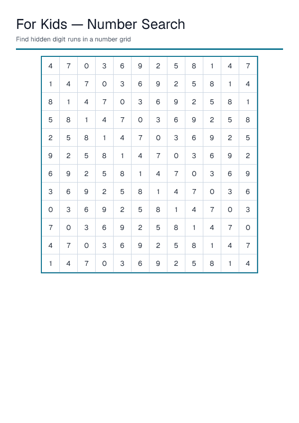 For Kids — Number Search — printable PDF preview
