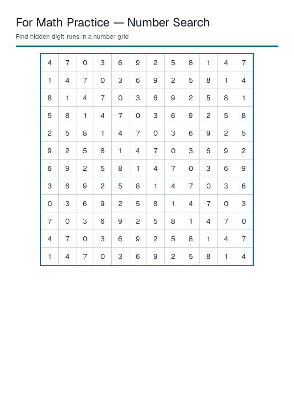 For Math Practice — Number Search — printable PDF preview