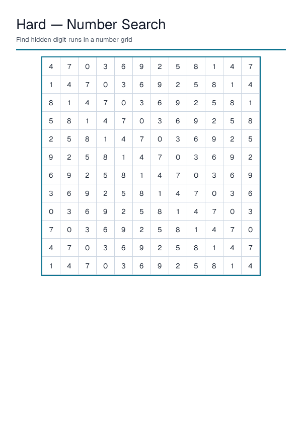 Hard — Number Search — printable PDF preview