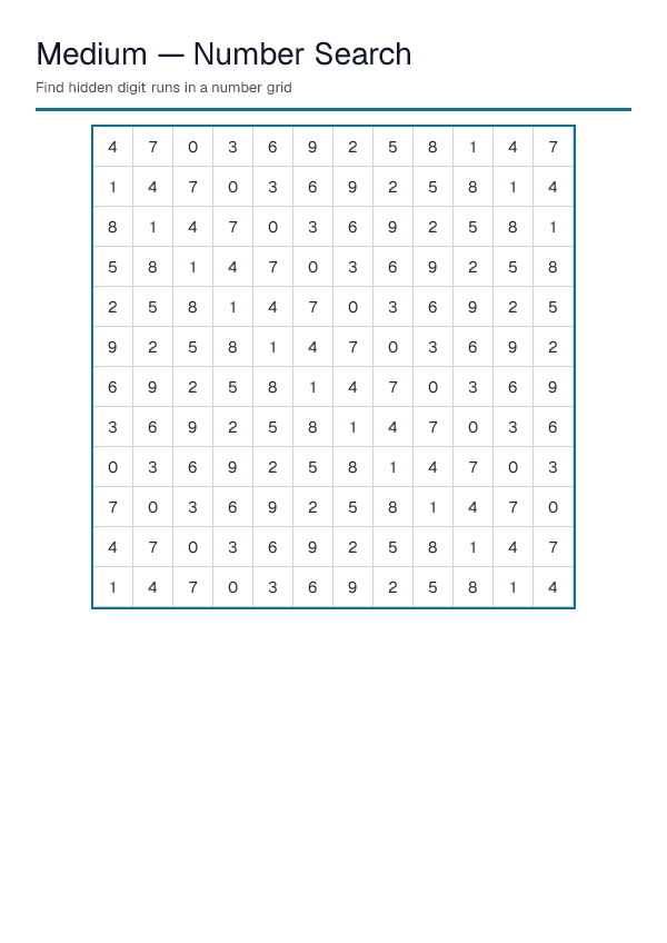Medium — Number Search — printable PDF preview