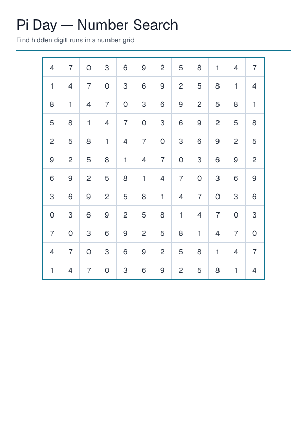 Pi Day — Number Search — printable PDF preview