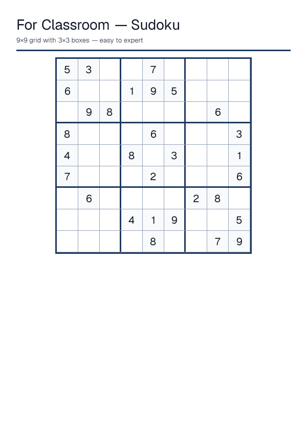 For Classroom — Sudoku — printable PDF preview