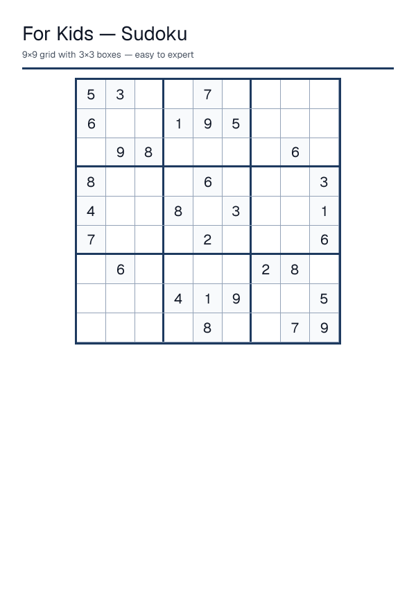 For Kids — Sudoku — printable PDF preview