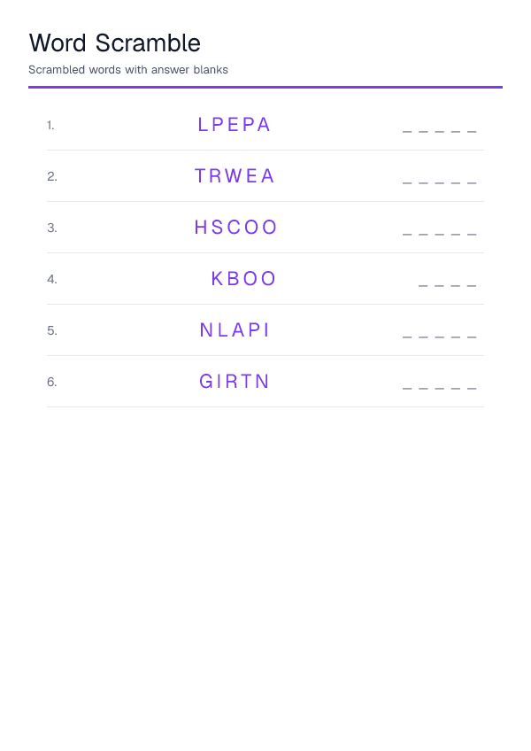 Word Scramble — printable PDF preview