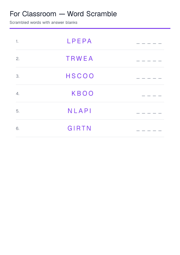 For Classroom — Word Scramble — printable PDF preview