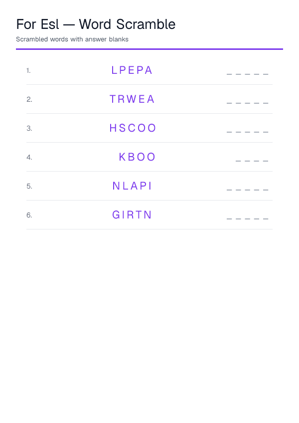 For Esl — Word Scramble — printable PDF preview