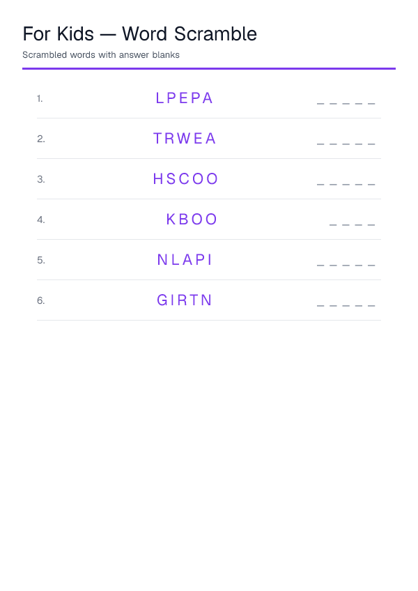 For Kids — Word Scramble — printable PDF preview