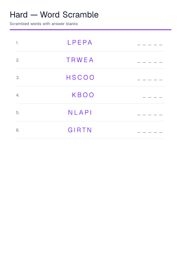Hard — Word Scramble — printable PDF preview