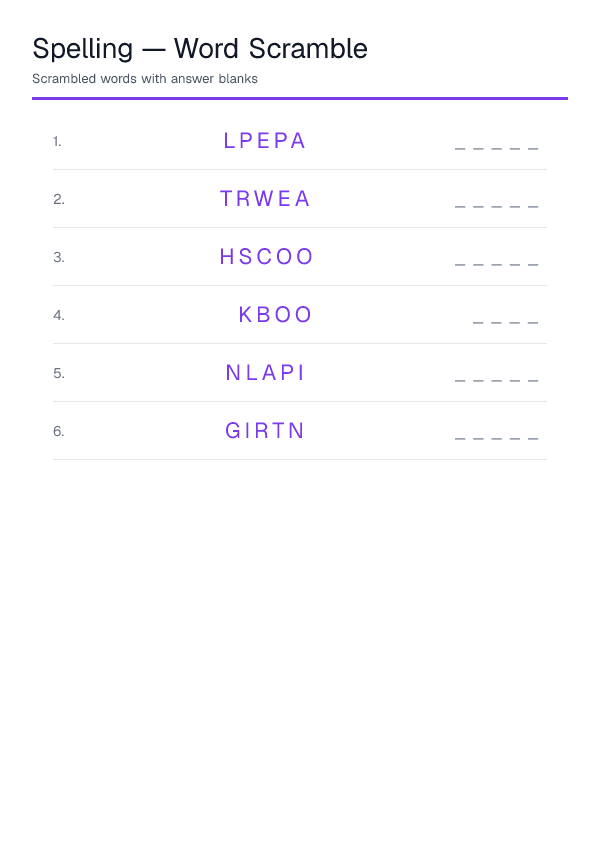 Spelling — Word Scramble — printable PDF preview