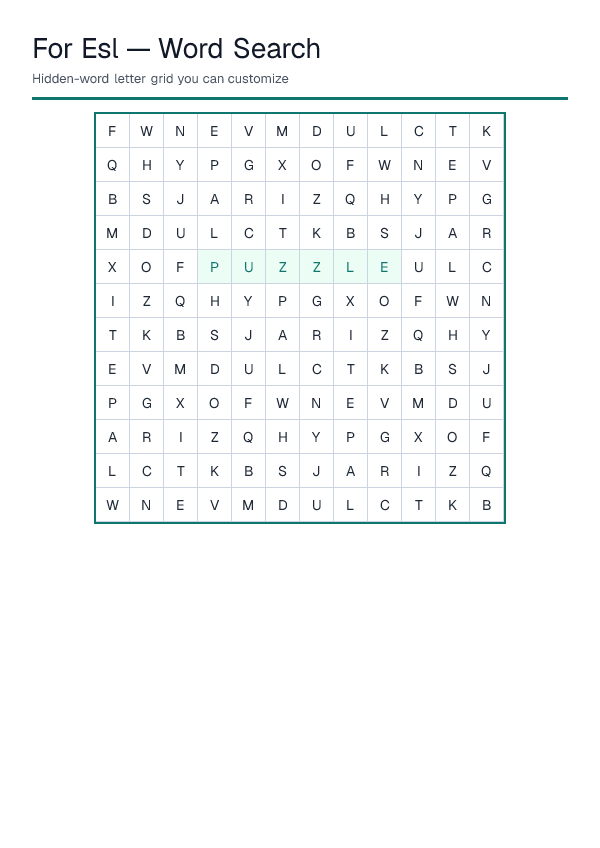 For Esl — Word Search — printable PDF preview