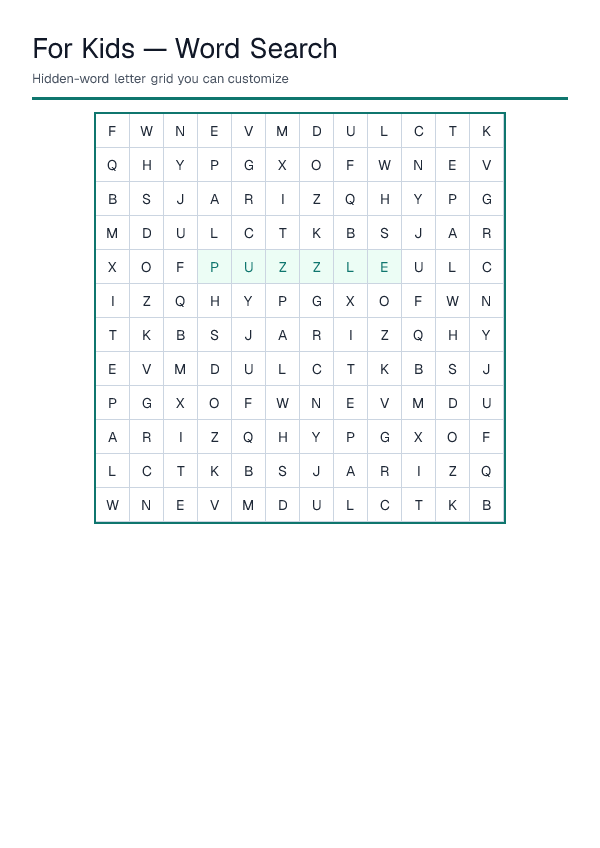 For Kids — Word Search — printable PDF preview
