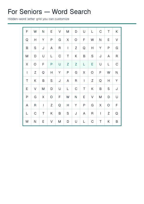 For Seniors — Word Search — printable PDF preview