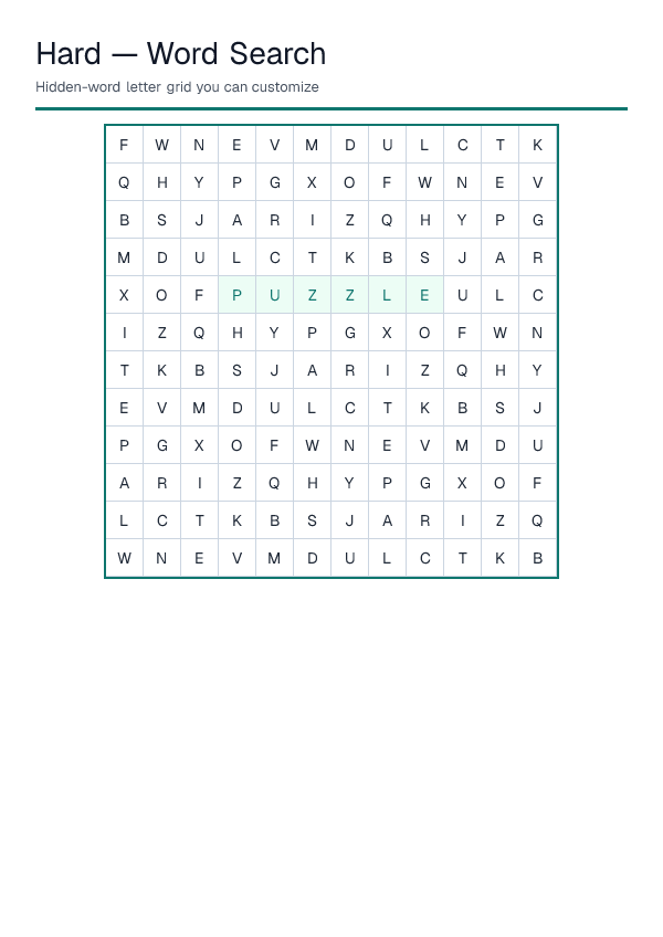 Hard — Word Search — printable PDF preview