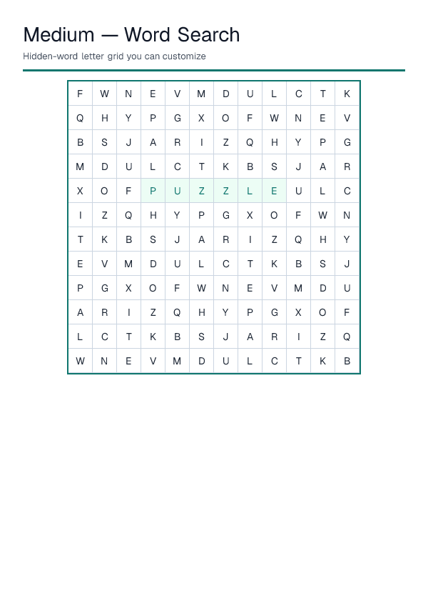 Medium — Word Search — printable PDF preview