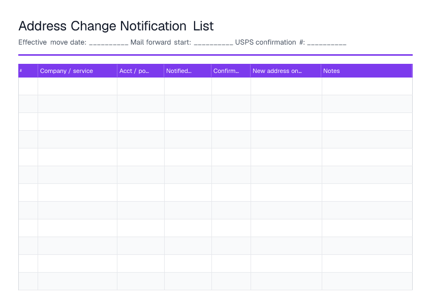 Address Change Notification List — printable PDF preview