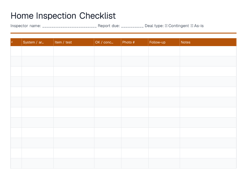 Home Inspection Checklist — printable PDF preview