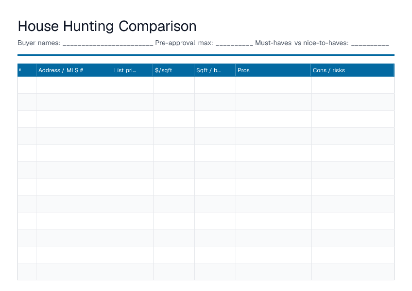 House Hunting Comparison — printable PDF preview