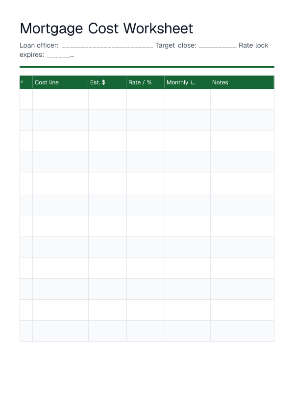 Mortgage Cost Worksheet — printable PDF preview