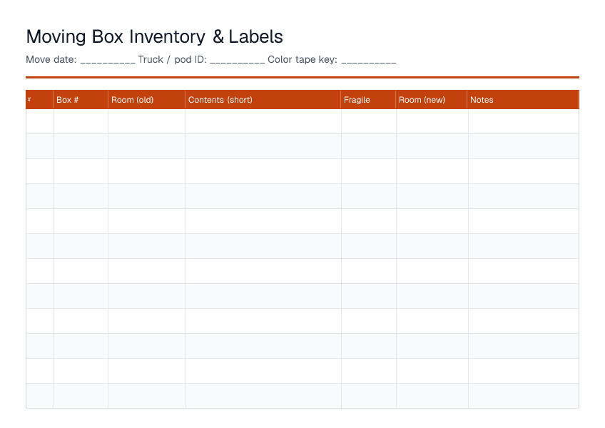 Moving Box Inventory & Labels — printable PDF preview