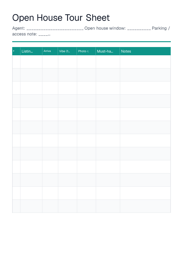 Open House Tour Sheet — printable PDF preview