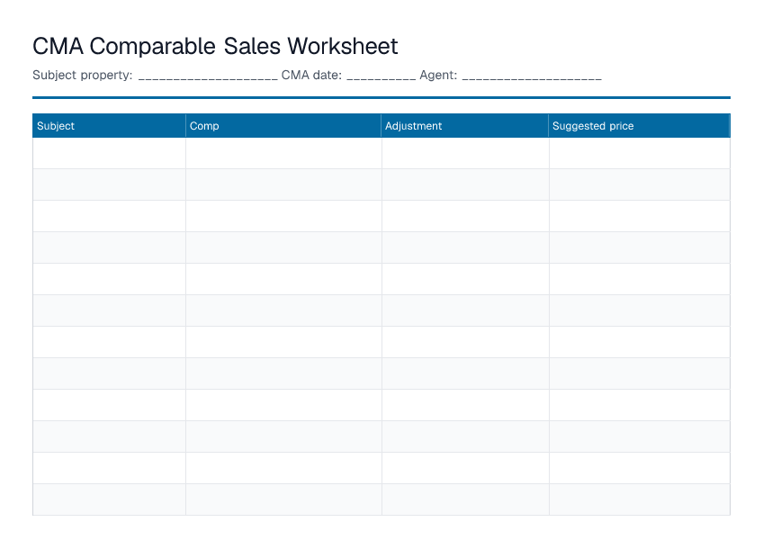 CMA Comparable Sales Worksheet — printable PDF preview