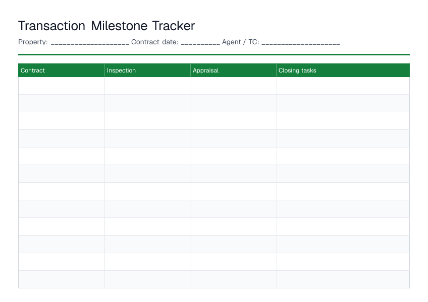 Transaction Milestone Tracker — printable PDF preview