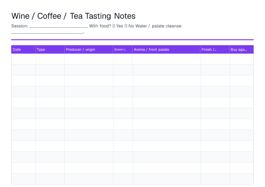 Wine / Coffee / Tea Tasting Notes — printable PDF preview