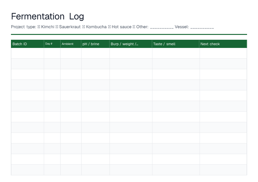 Fermentation Log — printable PDF preview