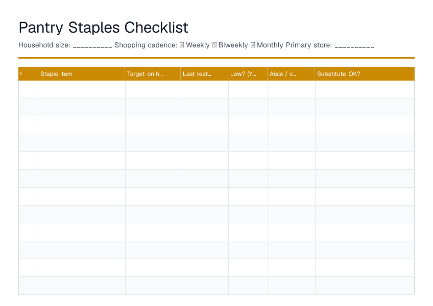 Pantry Staples Checklist — printable PDF preview