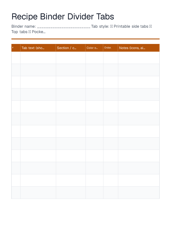 Recipe Binder Divider Tabs — printable PDF preview
