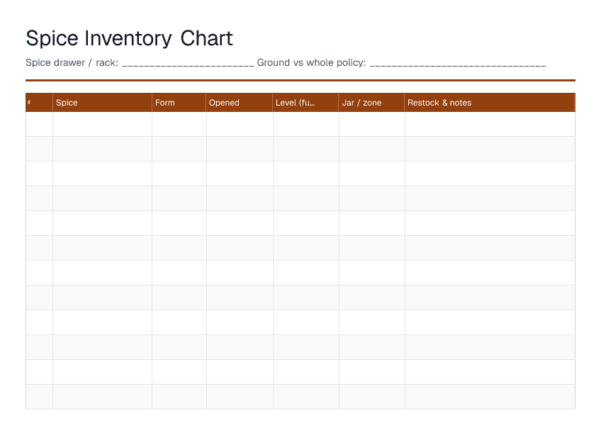 Spice Inventory Chart — printable PDF preview