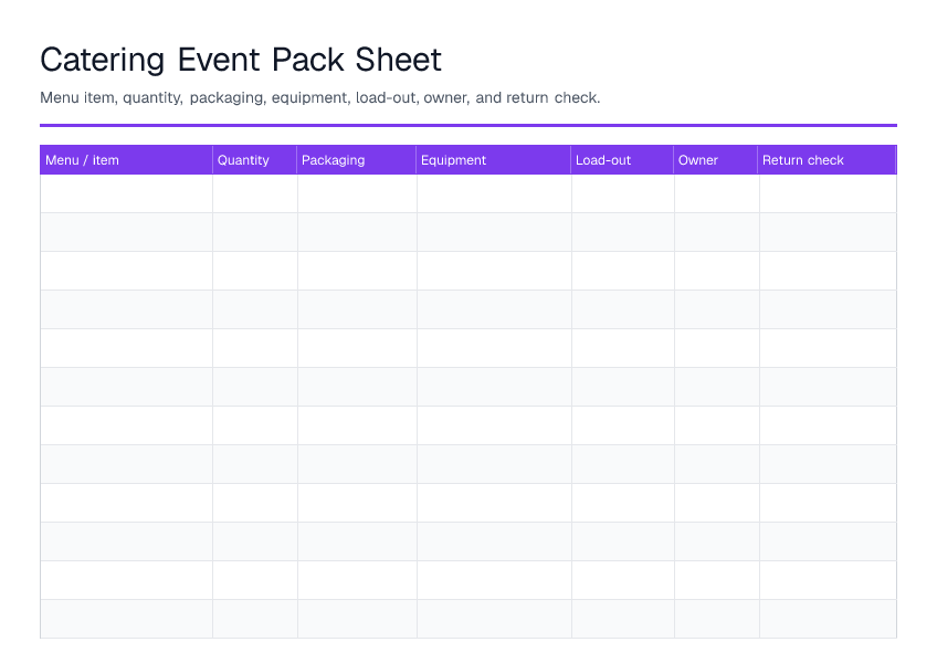 Catering Event Pack Sheet — printable PDF preview