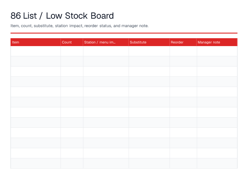 86 List / Low Stock Board — printable PDF preview