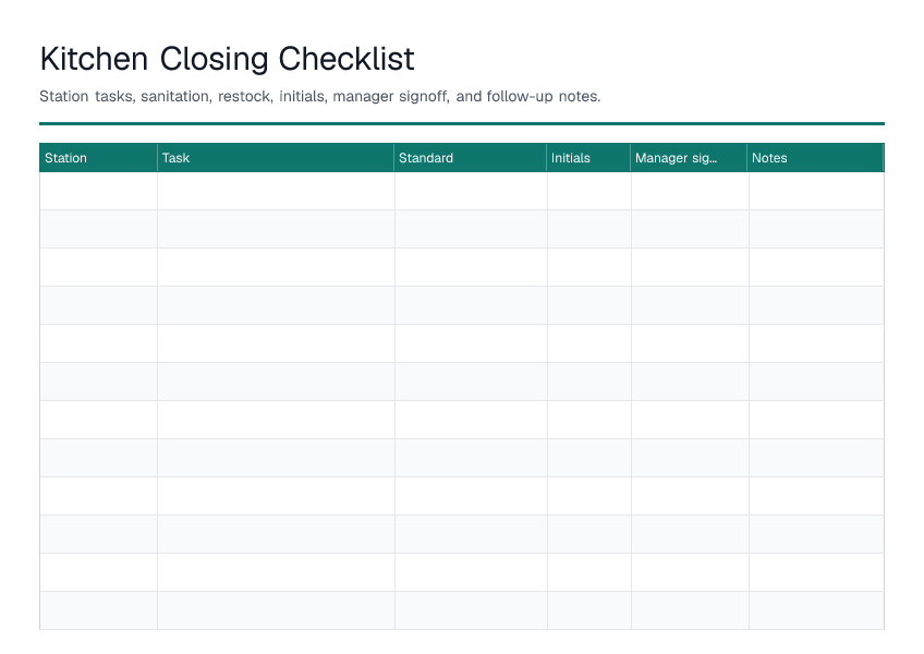 Kitchen Closing Checklist — printable PDF preview