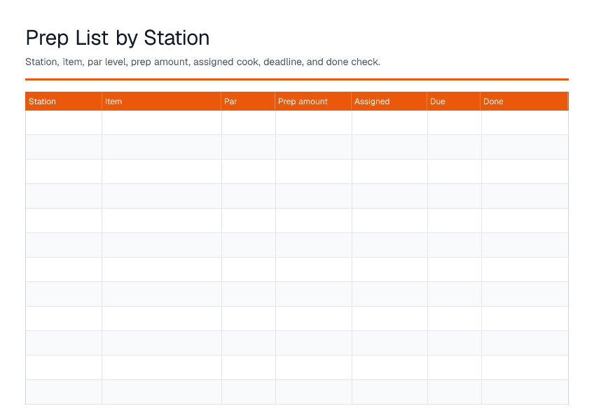Prep List by Station — printable PDF preview
