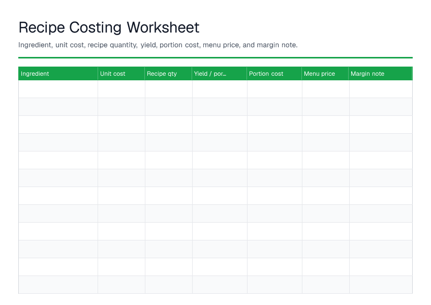 Recipe Costing Worksheet — printable PDF preview