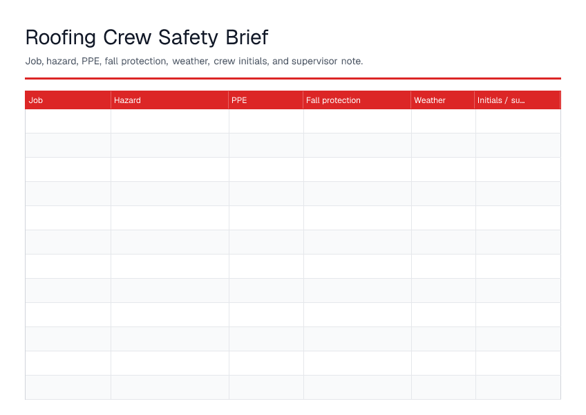 Roofing Crew Safety Brief — printable PDF preview