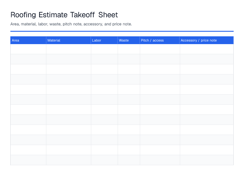 Roofing Estimate Takeoff Sheet — printable PDF preview
