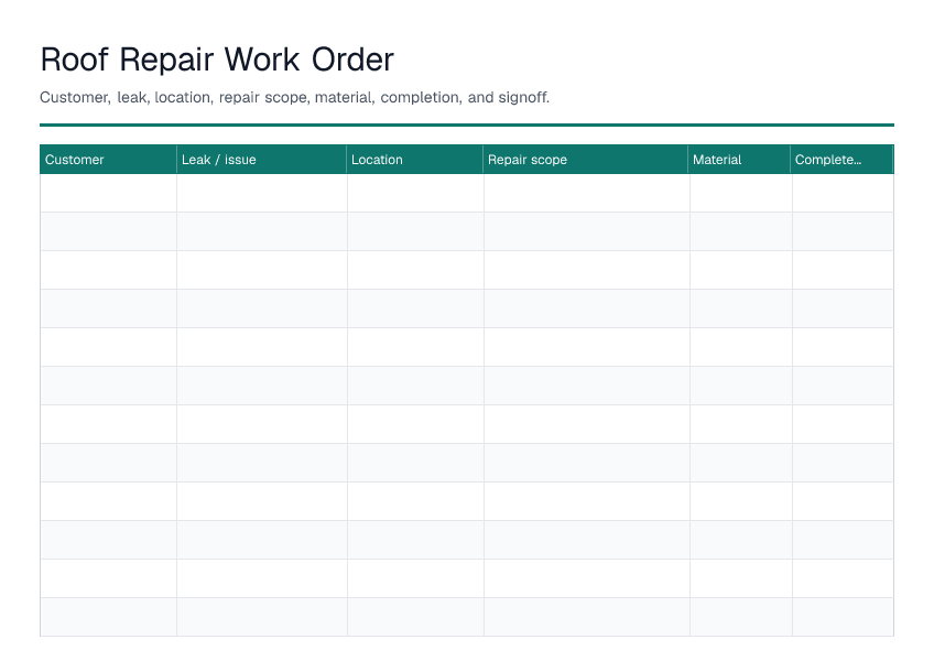 Roof Repair Work Order — printable PDF preview