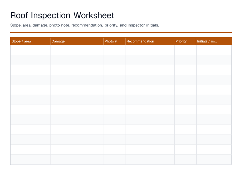 Roof Inspection Worksheet — printable PDF preview