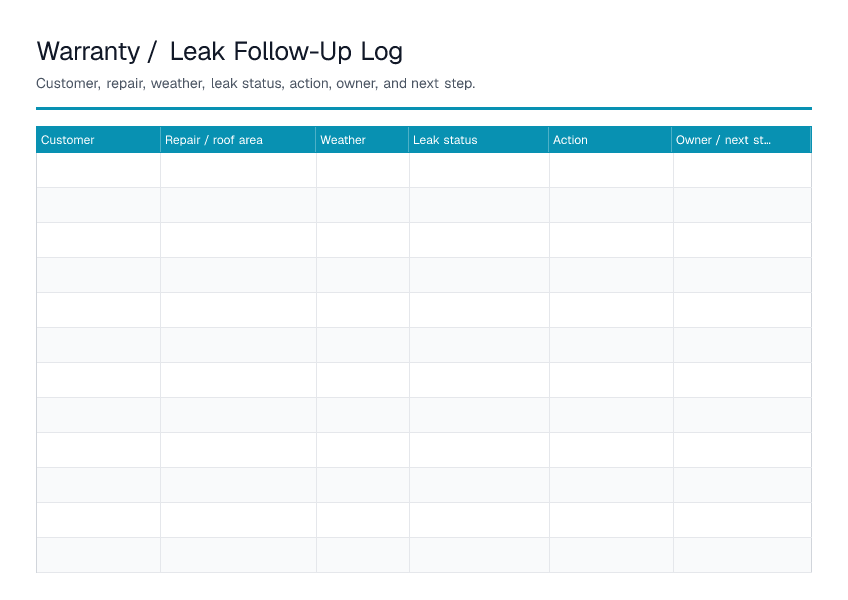 Warranty / Leak Follow-Up Log — printable PDF preview