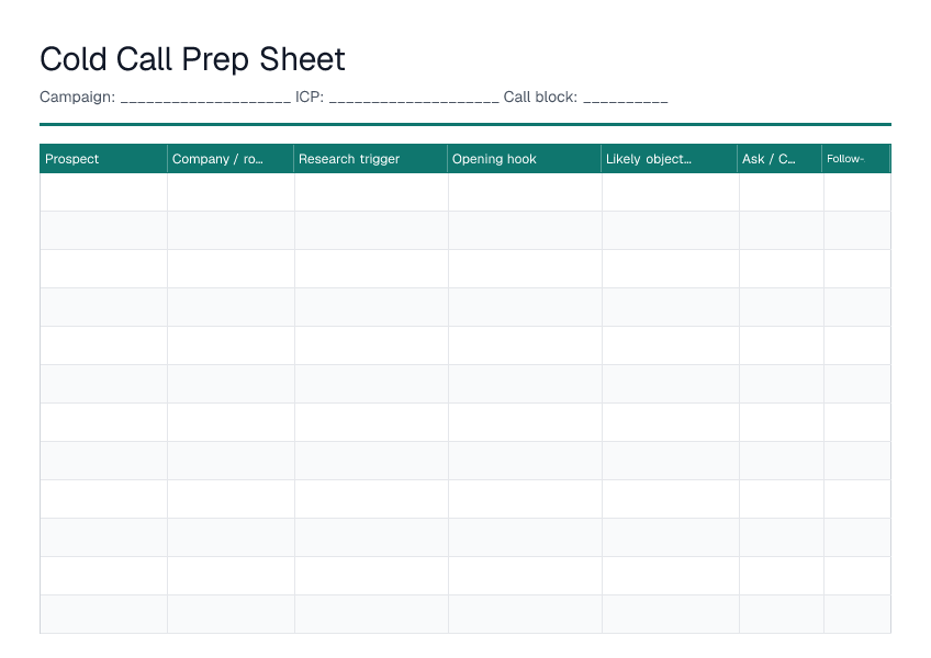 Cold Call Prep Sheet — printable PDF preview
